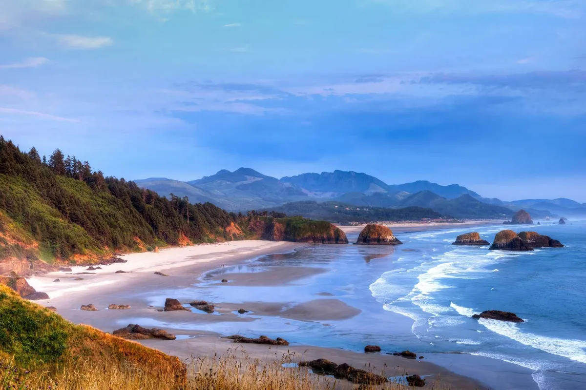 A wide, scenic coastal view with dramatic cliffs, waves crashing onto the sand, and distant mountains under a peaceful sky. The untouched expanse of beach and ocean conveys a sense of freedom and adventure, while suggesting opportunities for tide pooling, hiking, or simply enjoying the view together as a family.